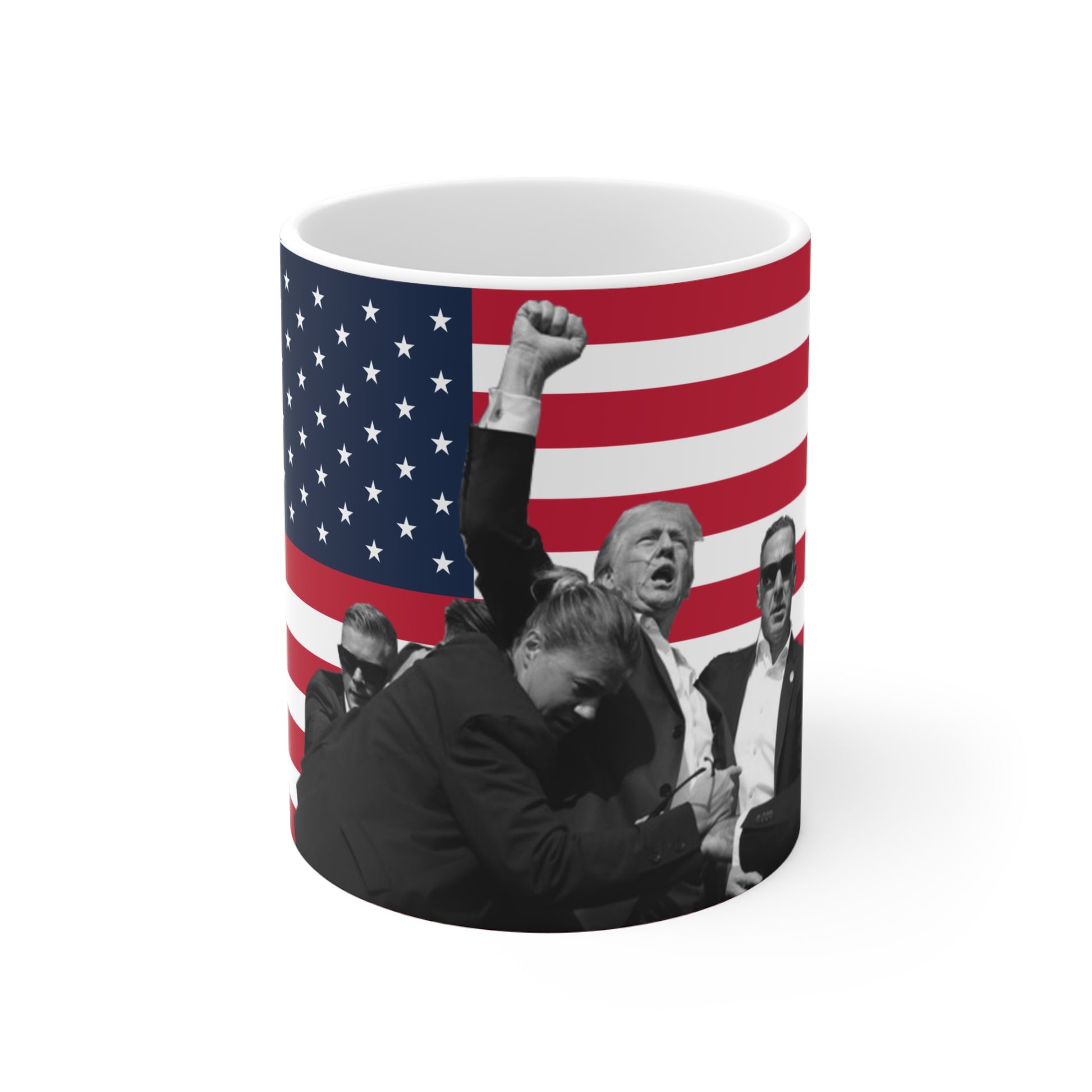 White base mug with former president Donald Trump fist bumping with an USA flag background