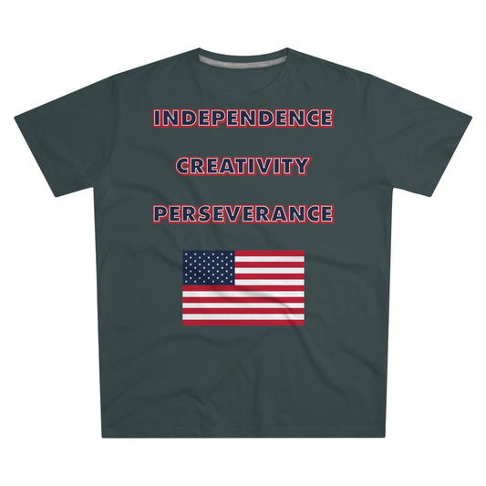 A charcoal grey t-shirt with the words independence, creativity, and perseverance written in bold, red, white, and blue letters, with an American flag located below.