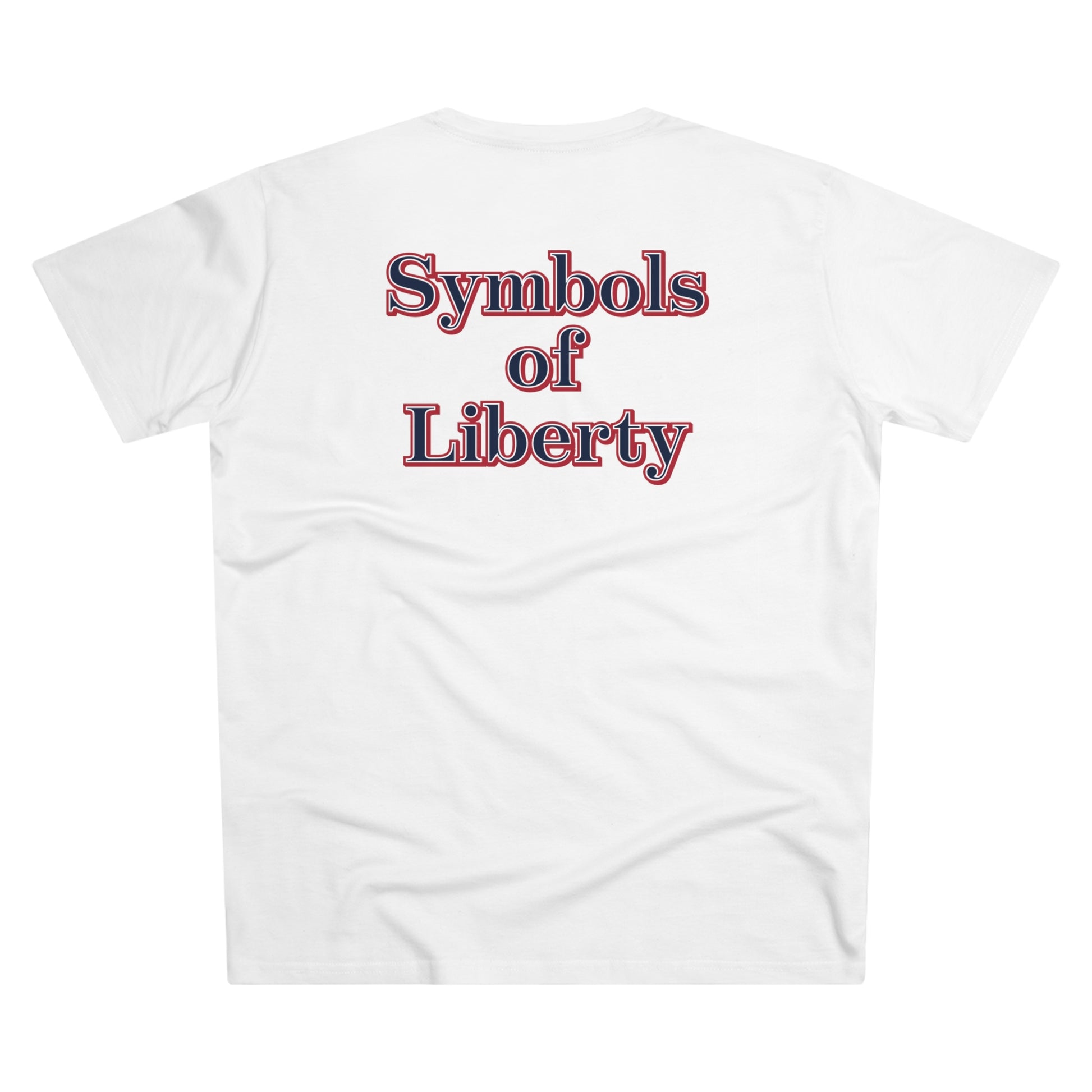 A mens white t-shirt with the words symbols of liberty written in bold, red, white, and blue letters, with an American flag located below.