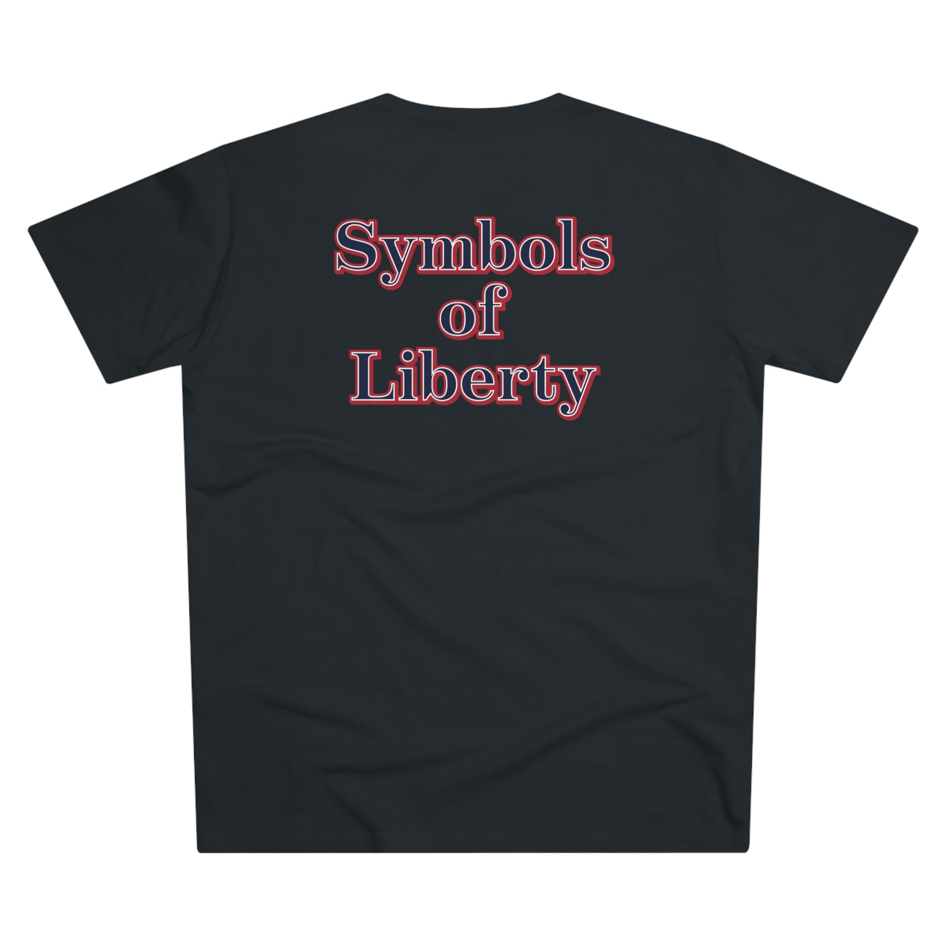 A mens black t-shirt with the words Symbols of Liberty written in bold, red, white, and blue letters, with an American flag located below.