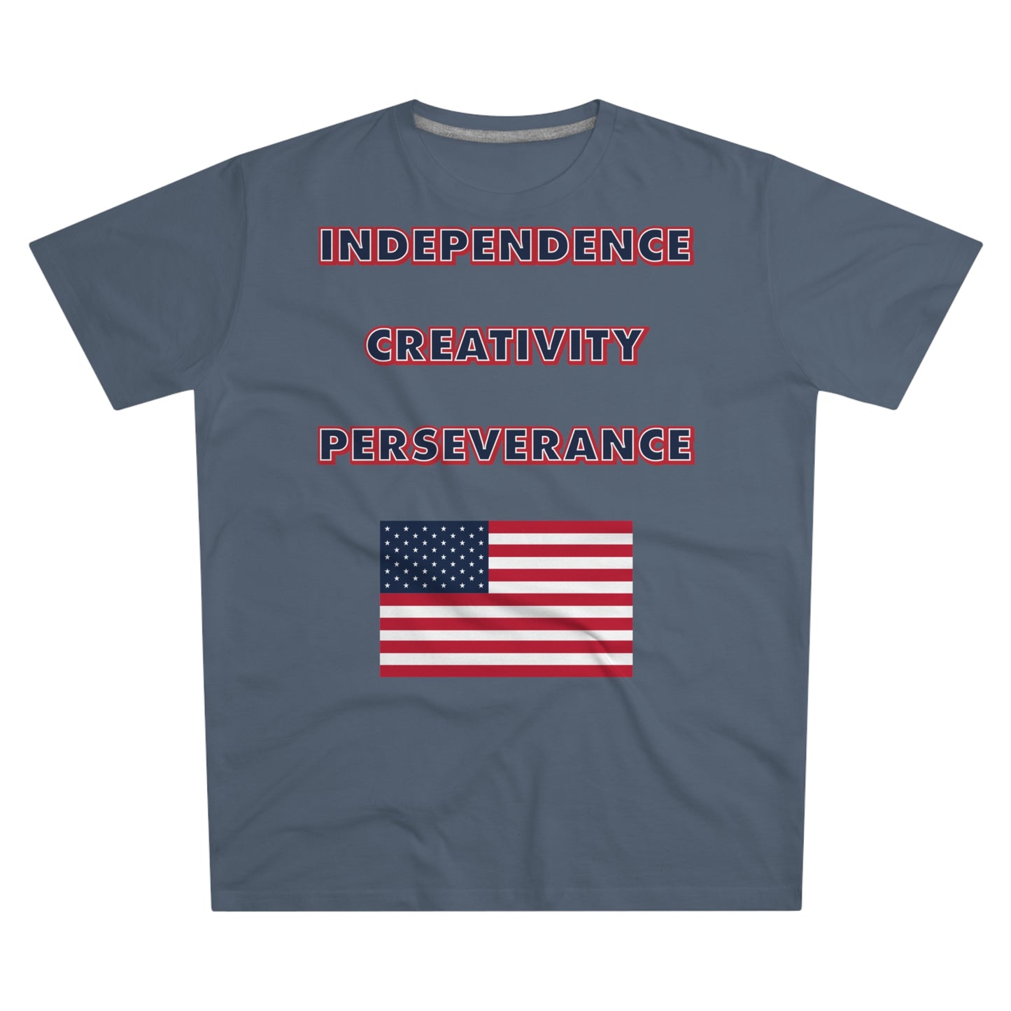 A mens blue t-shirt with the words independence, creativity, and perseverance written in bold, red, white, and blue letters, with an American flag located below.