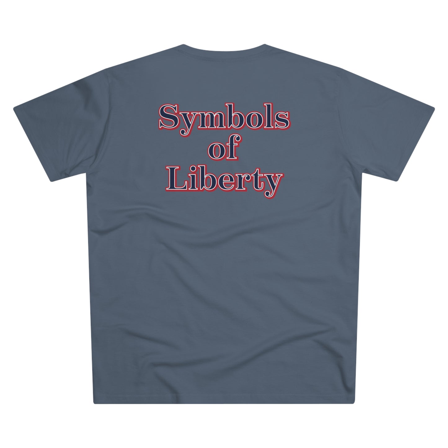 A mens grey t-shirt with the words symbo\ls of liberty written in bold, red, white, and blue letters.