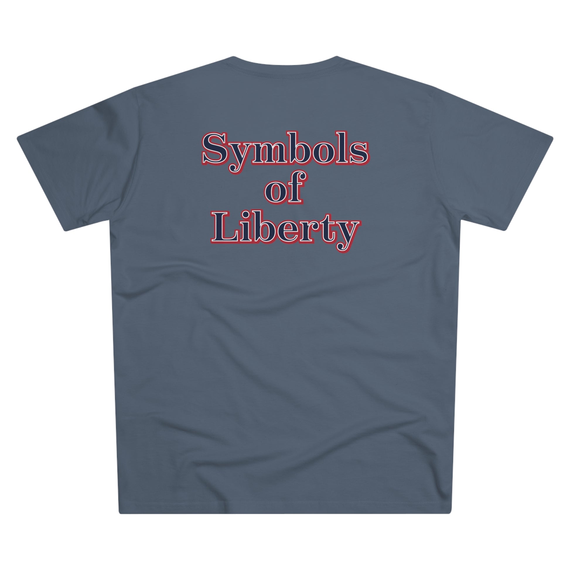 A mens grey t-shirt with the words symbo\ls of liberty written in bold, red, white, and blue letters.