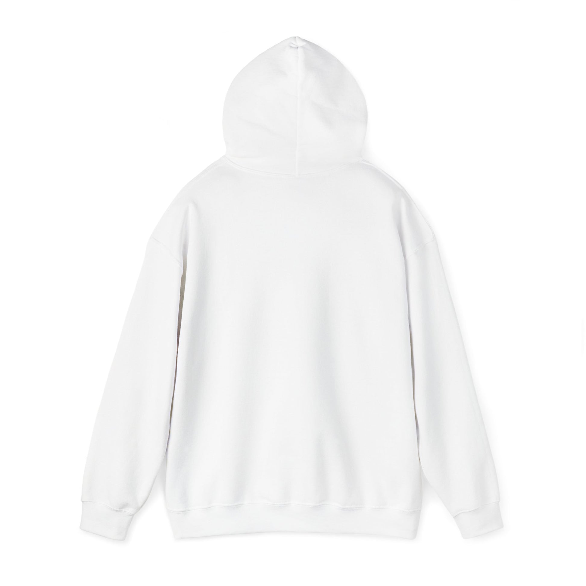 The backside of a white hooded sweatshirt with the hood floating in the air