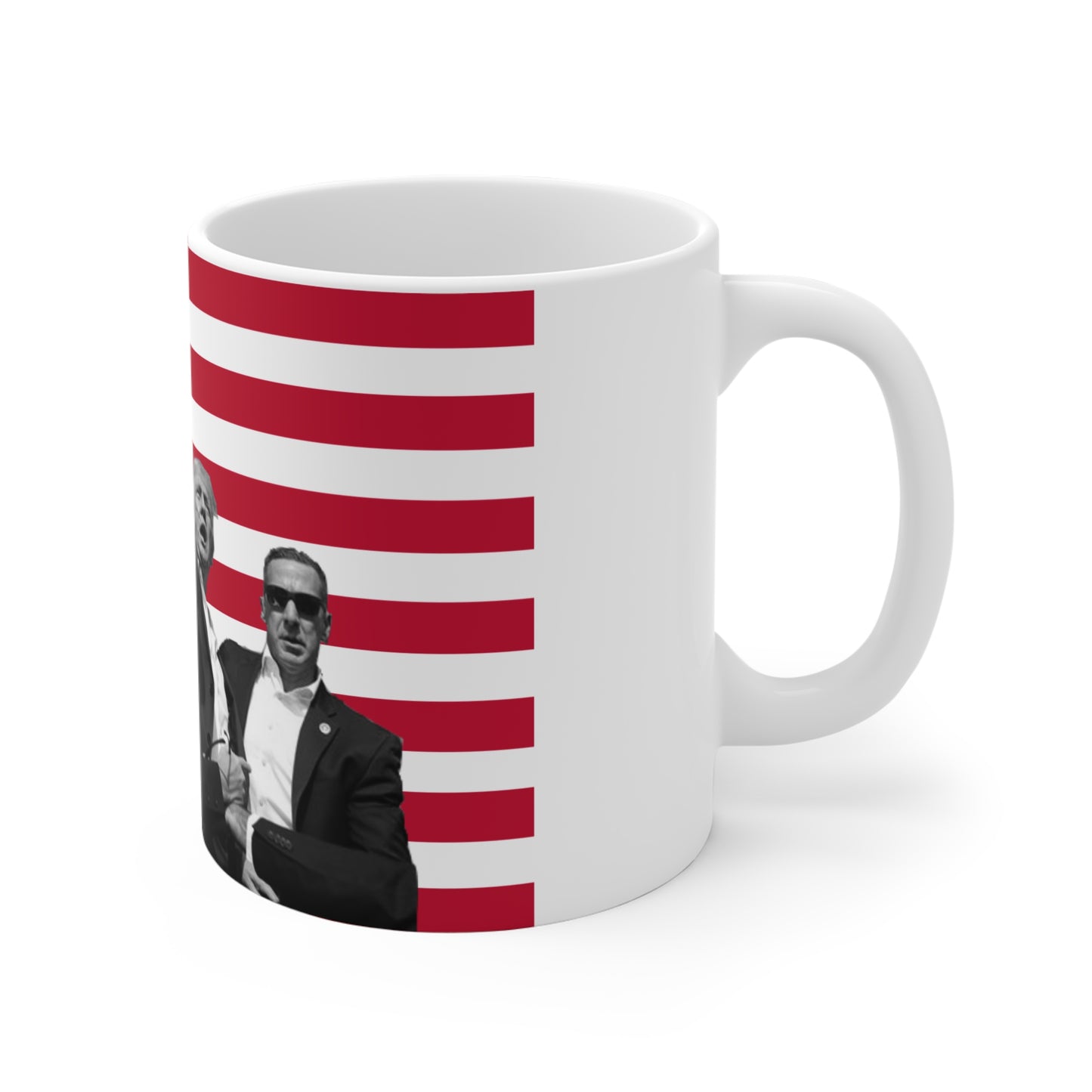 White base mug with former president Donald Trump's secret service agent with a USA flag background