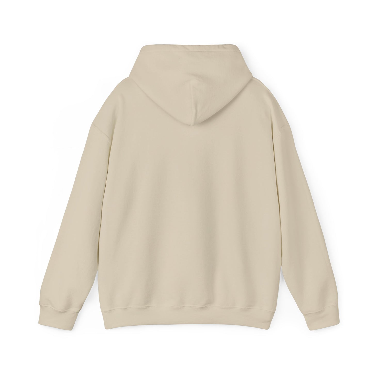 The backside of a cream colored hooded sweatshirt.