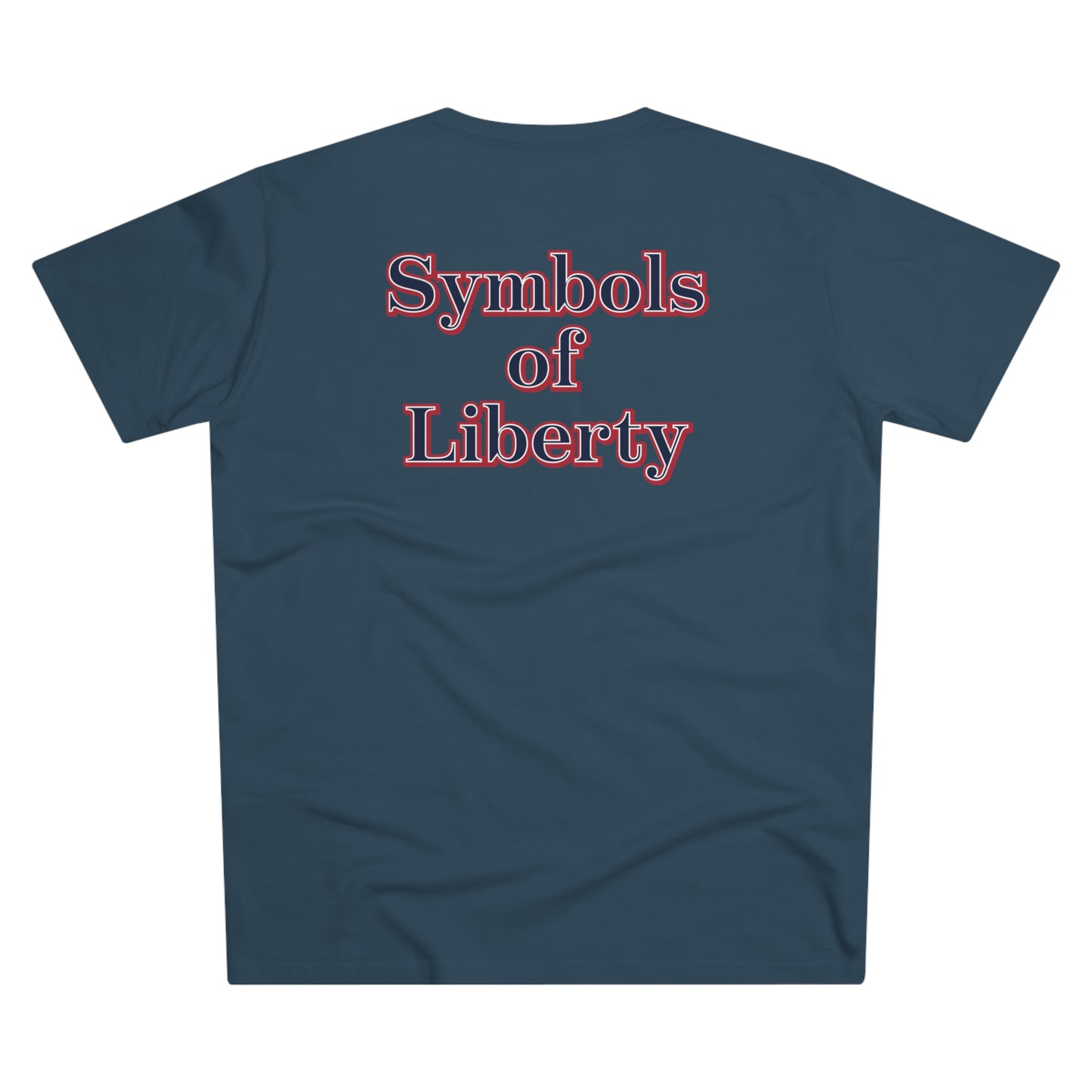 A mens blue t-shirt with the words independence, creativity, and perseverance written in bold, red, white, and blue letters.