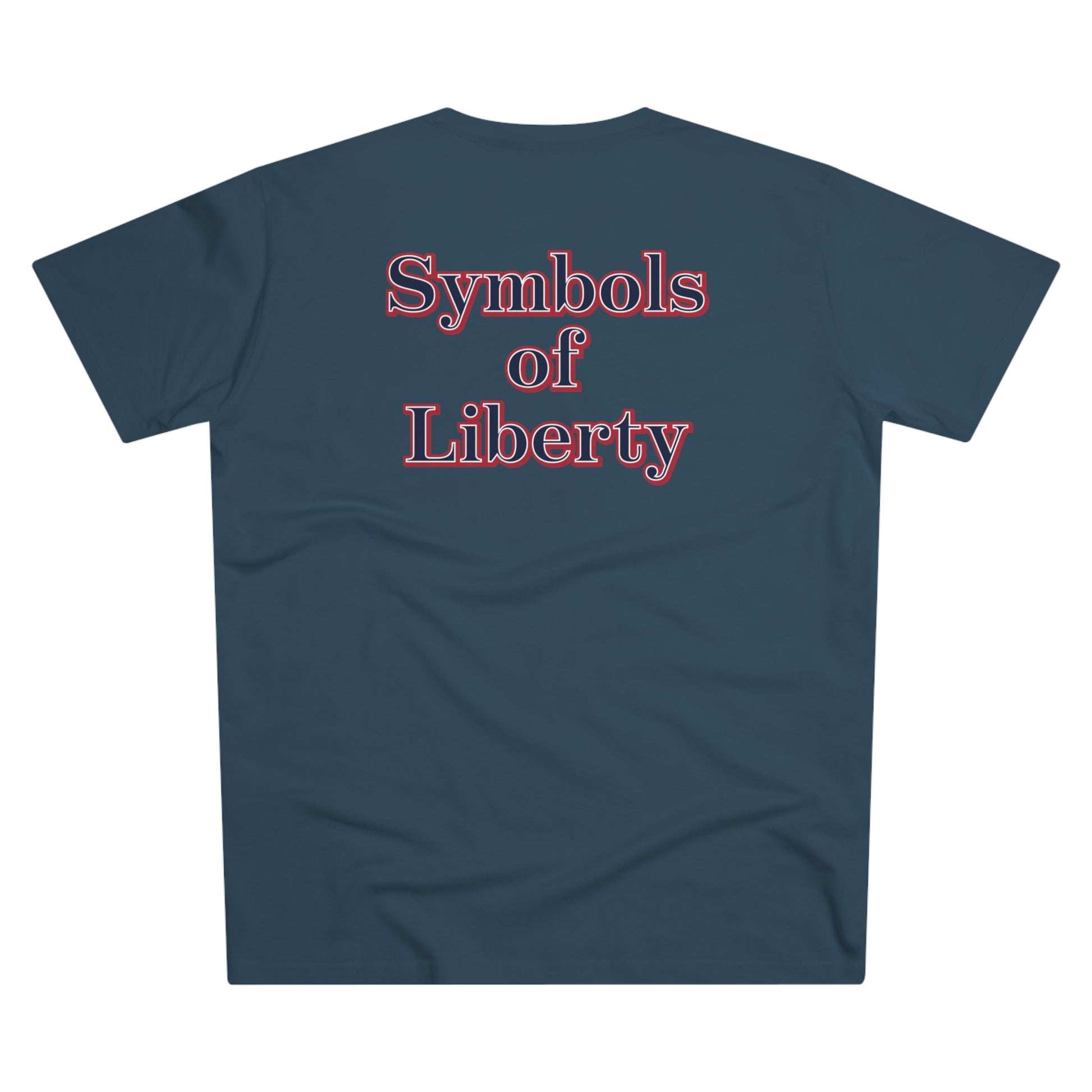 A mens blue t-shirt with the words independence, creativity, and perseverance written in bold, red, white, and blue letters.