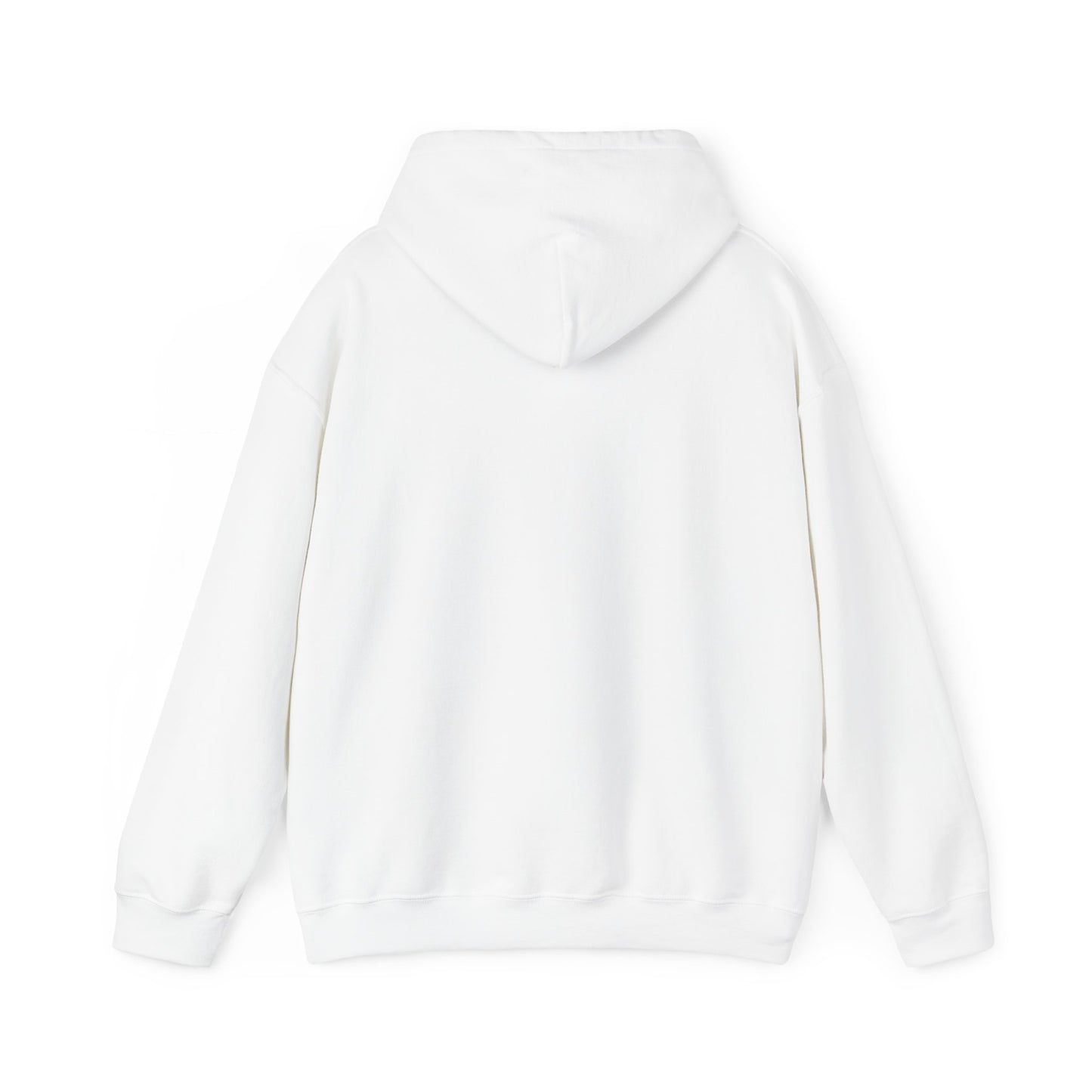 The back side of a white hooded sweatshirt with the hood laid down