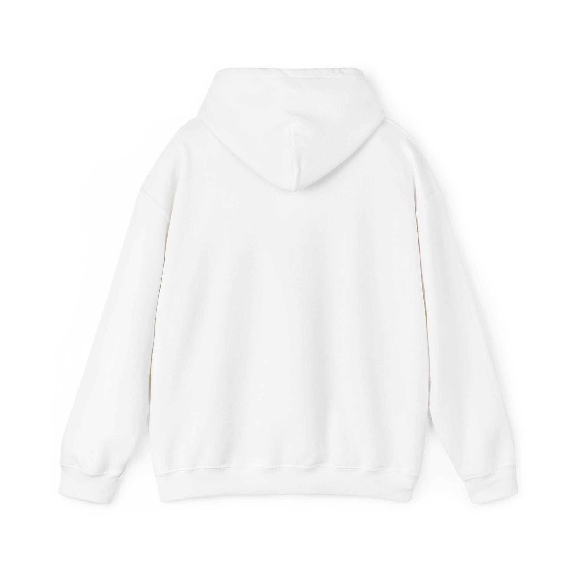 The back side of a white hooded sweatshirt with the hood laid down