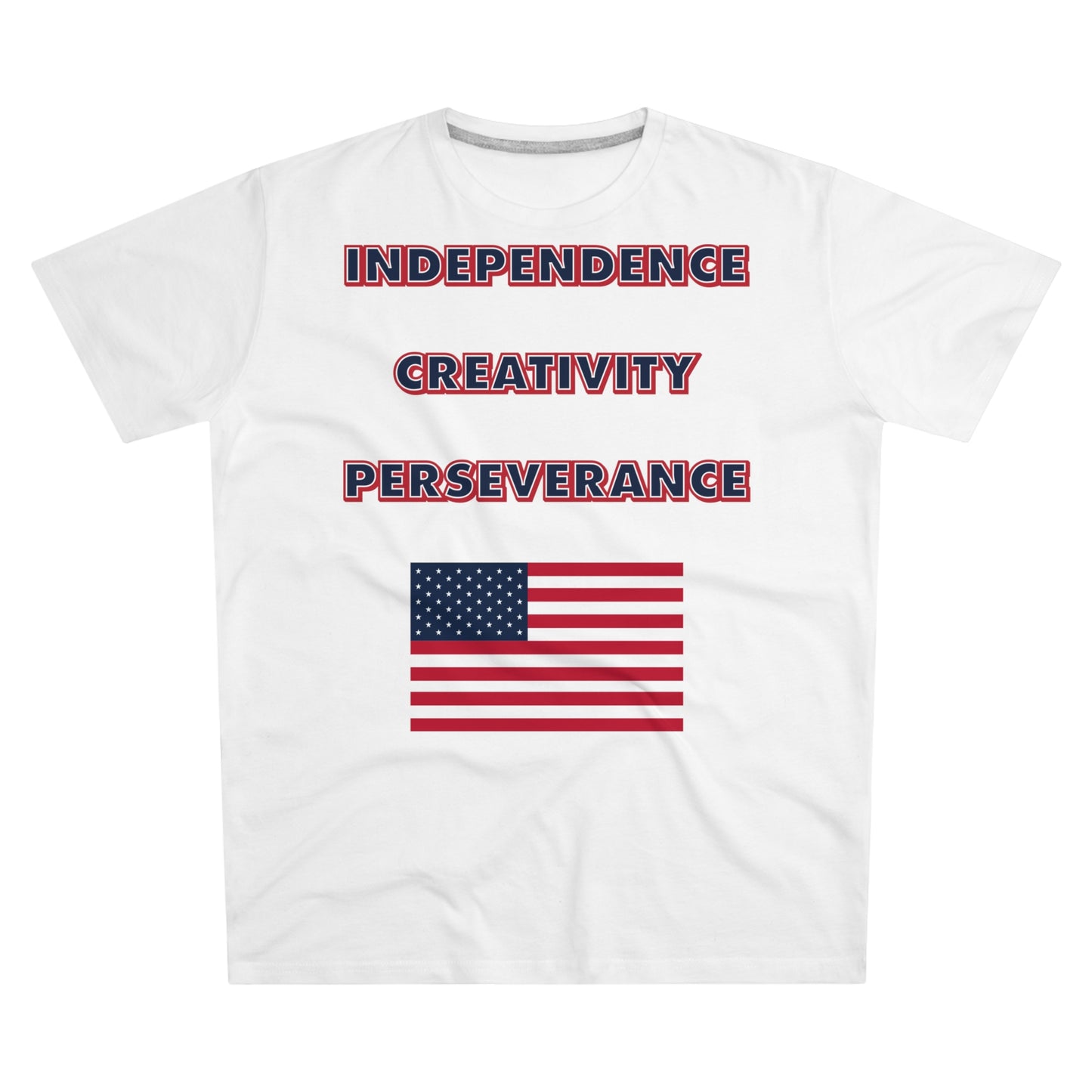 A mens white t-shirt with the words independence, creativity, and perseverance written in bold, red, white, and blue letters, with an American flag located below.