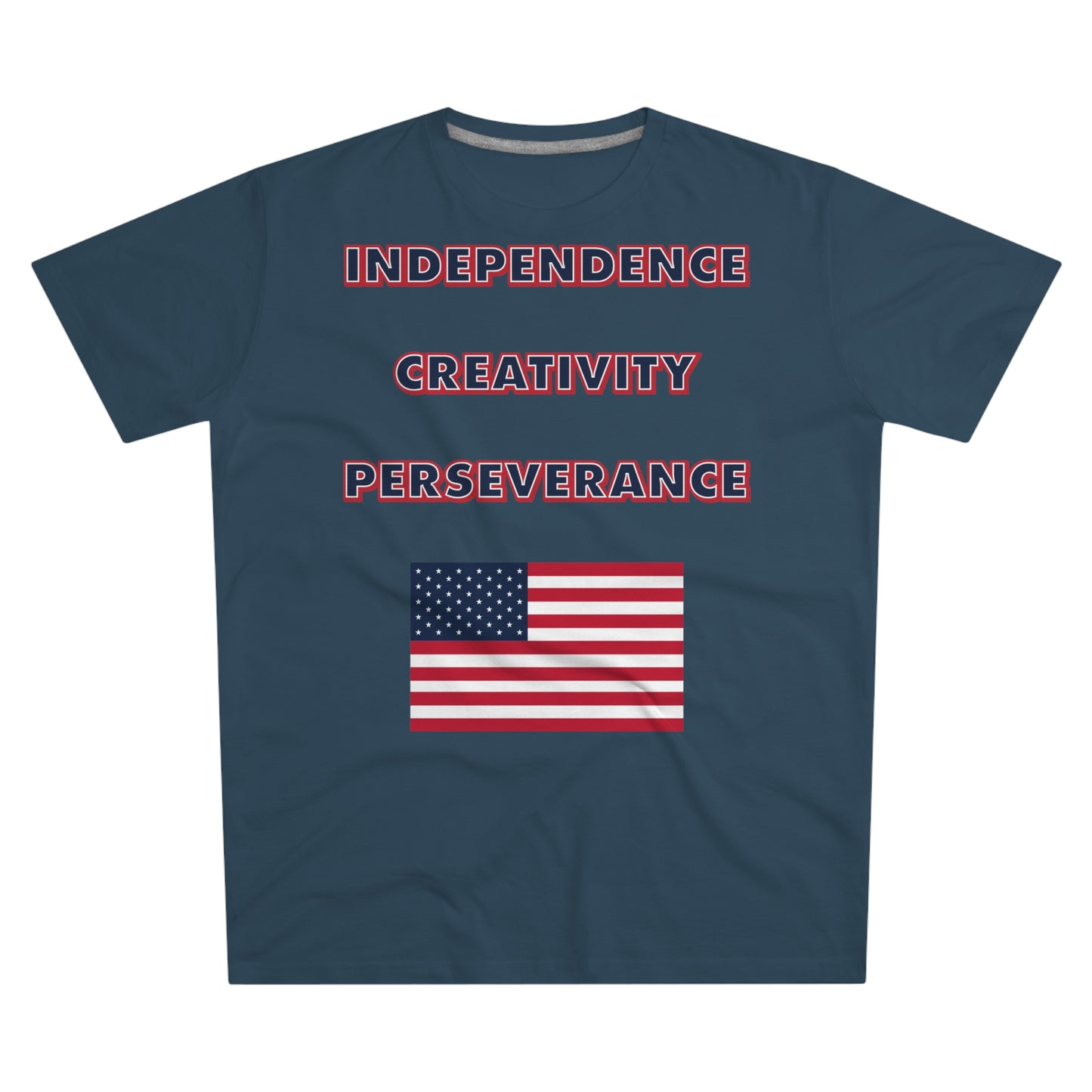 A mens navy blue t-shirt with the words independence, creativity, and perseverance written in bold, red, white, and blue letters, with an American flag located below.