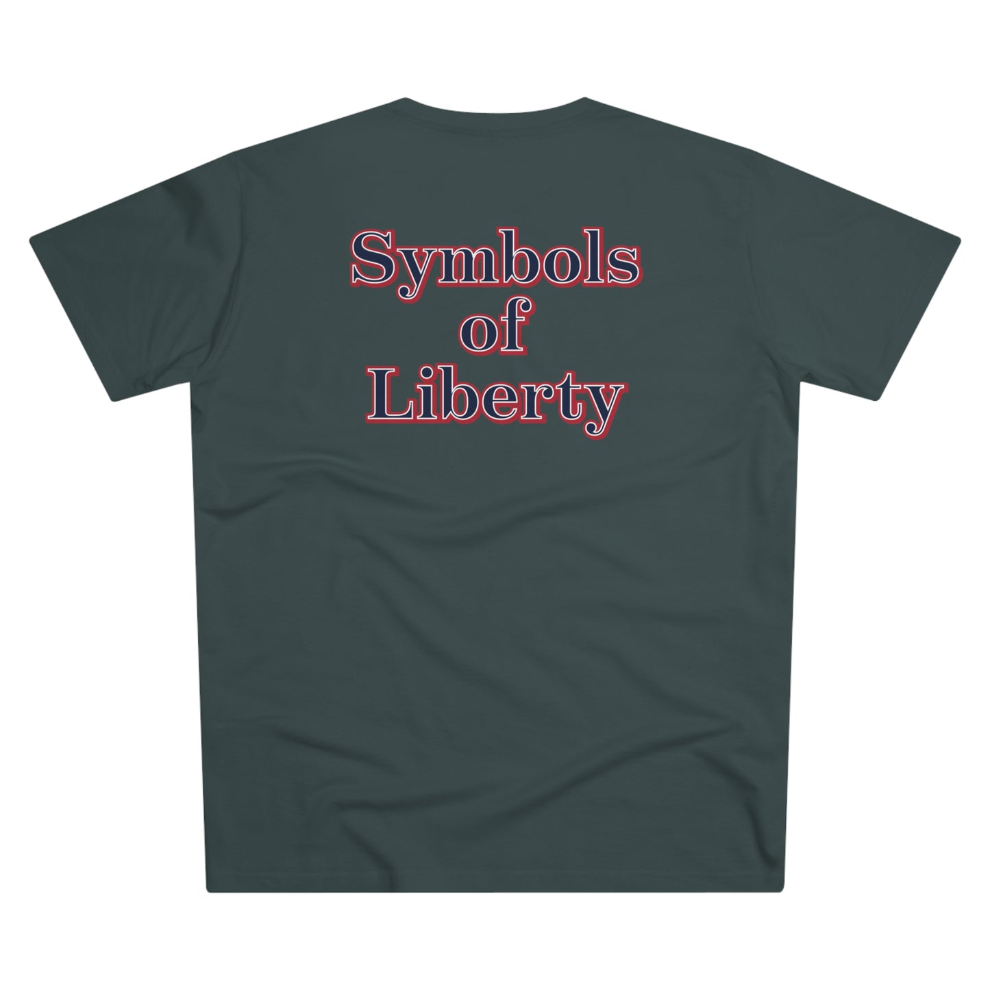 A mens black t-shirt with the words "Symbols of Liberty" written in bold, red, white, and blue letters.