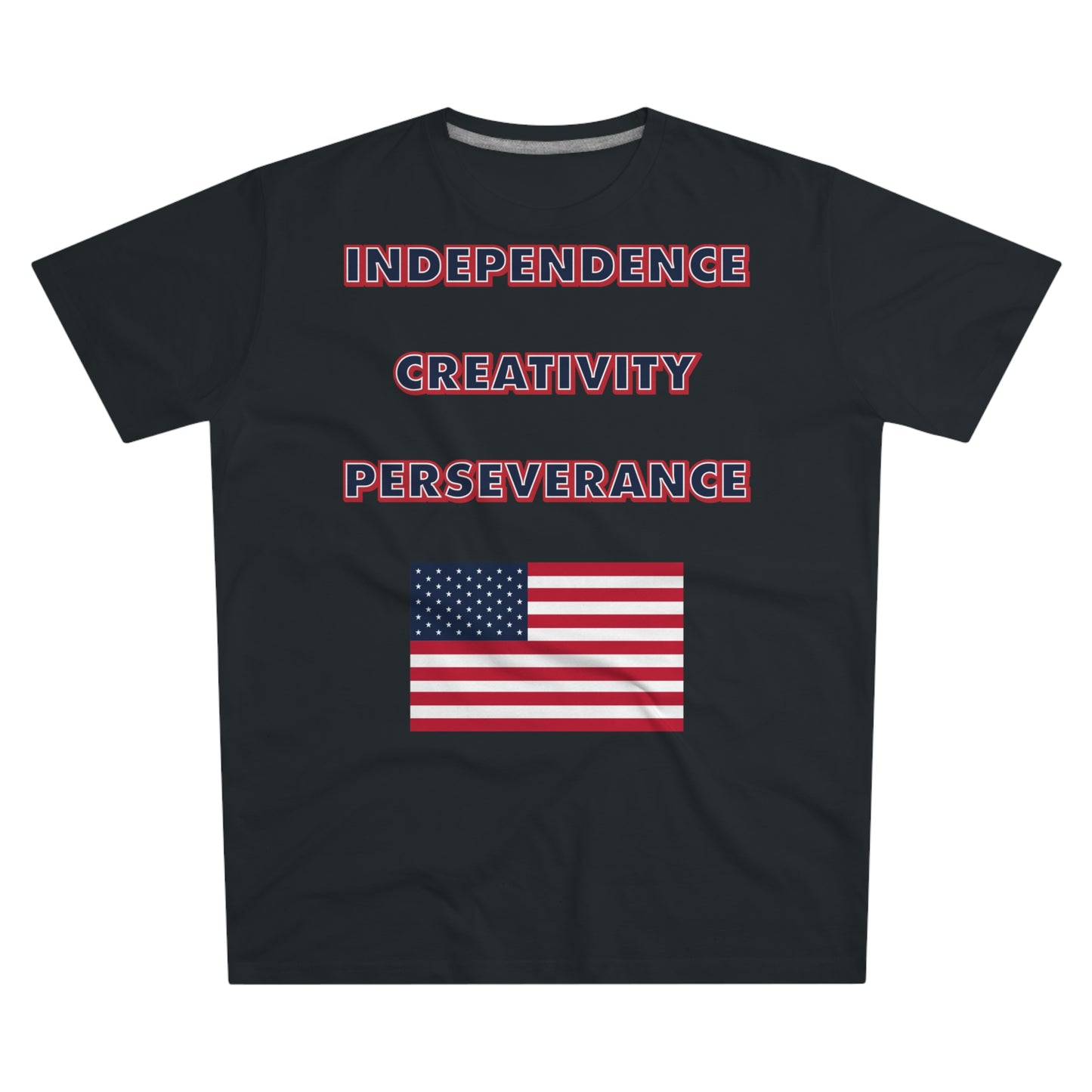 A mens black t-shirt with the words independence, creativity, and perseverance written in bold, red, white, and blue letters, with an American flag located below.