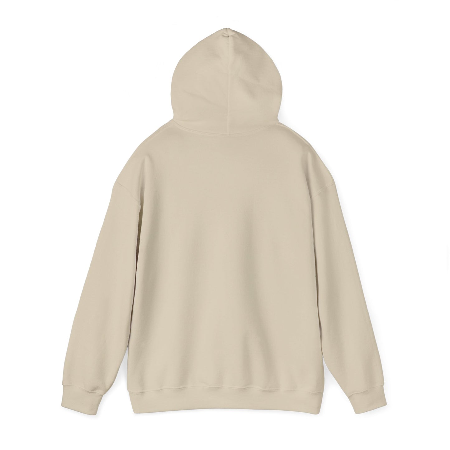 The back side of a cream colored hooded sweatshirt with the hooded being levitated in the air. 